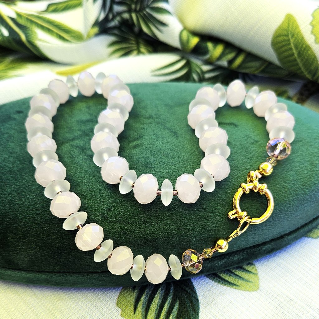 Sale!! Pastel Pink Crystal And Etched Clear Glass Bead Necklace